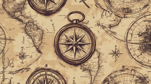 Vintage illustration of compasses and maps.