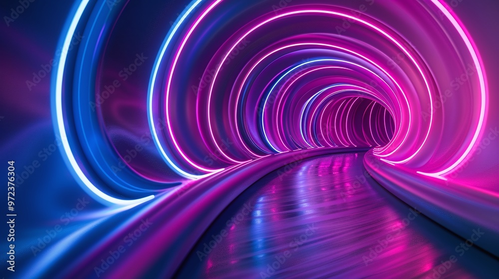 A vibrant tunnel illuminated by neon pink and blue lights, creating a captivating and futuristic atmosphere. Product presentation background.