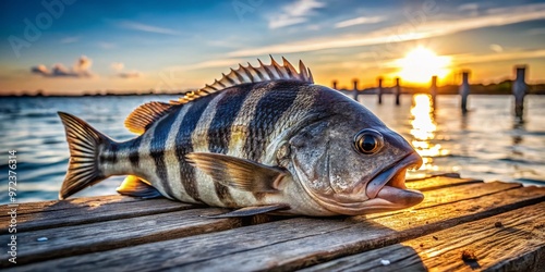 A freshly caught sheepshead fish lies on a weathered wooden dock, its striped body and sharp teeth gleaming photo