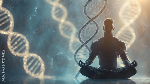 serene scene of a man in a lotus position, sitting calmly with a large, glowing double helix DNA structure floating behind him. The background should be ethereal, with soft, glowin photo