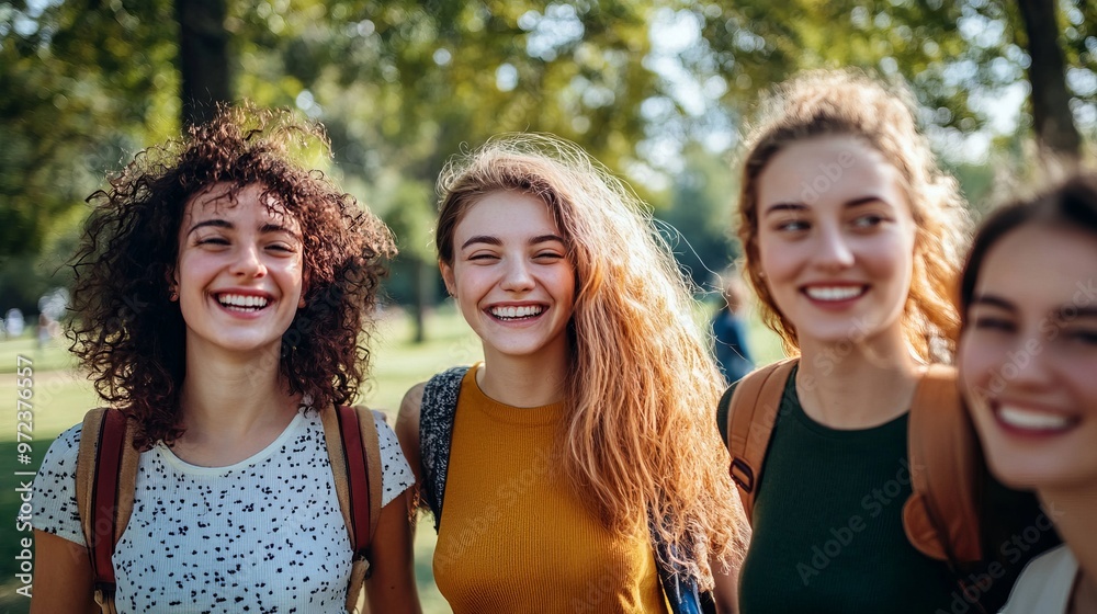 Photo of company friends women toothy smile good mood free time chill walk city park outdoors Photo of company friends women toothy smile good mood free time chill walk city park outdoors