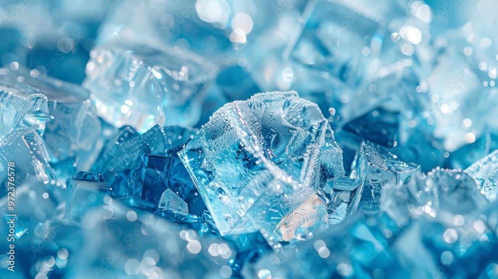Close-Up of Clear Ice Cubes with Blue Crystals on White Background, Creating a Frosty Winter Atmosphere Close-Up of Clear Ice Cubes with Blue Crystals on White Background, Creating a Frosty Winter Atmosphere