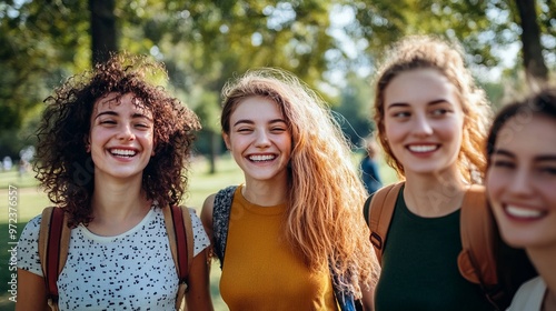 Photo of company friends women toothy smile good mood free time chill walk city park outdoors
