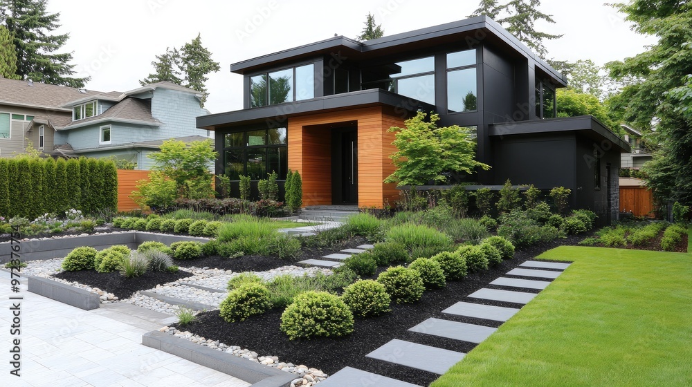 Front yard with a contemporary garden design, clean geometric shapes, black mulch, and trimmed shrubs, no logos Front yard with a contemporary garden design, clean geometric shapes, black mulch, and trimmed shrubs, no logos