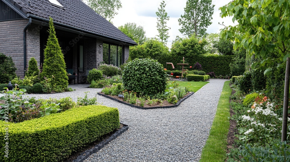 Front yard garden with sculpted hedges, gravel paths, and a small bird feeder, elegant and structured, no logos Front yard garden with sculpted hedges, gravel paths, and a small bird feeder, elegant and structured, no logos