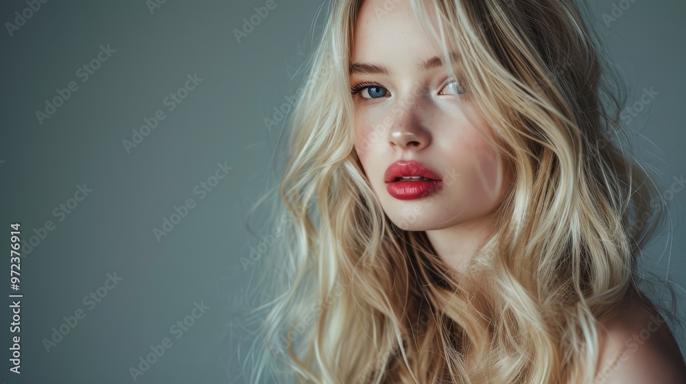 Portrait of a young woman with wavy blonde hair, striking blue eyes, and bold red lips. Her flawless complexion is softly illuminated, creating a delicate contrast against the dark, neutral background Portrait of a young woman with wavy blonde hair, striking blue eyes, and bold red lips. Her flawless complexion is softly illuminated, creating a delicate contrast against the dark, neutral background