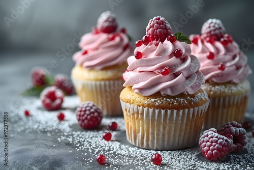 Delicious Raspberry Cupcakes with Pink Frosting and Powdered Sugar - Perfect for Dessert and Celebration Themes