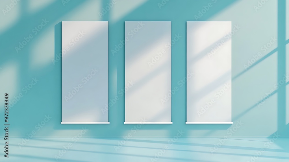 Blank White Roll Up Banner Mockup on Blue Wall with Sunlight Shadows Blank White Roll Up Banner Mockup on Blue Wall with Sunlight Shadows