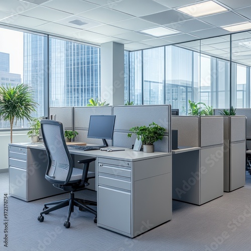 Modern Office Workspace with City View and Grey Cubicles