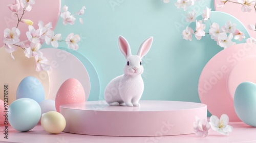 10. Adorable 3D scene with a bunny, colorful easter eggs, and a delicate flower surrounding a polished, empty podium. Perfect for product presentations with a touch of springtime charm. Soft pastel