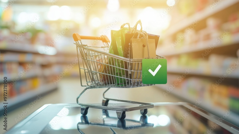 E-commerce website checkout confirmation with a green checkmark symbolizing E-commerce website checkout confirmation with a green checkmark symbolizing