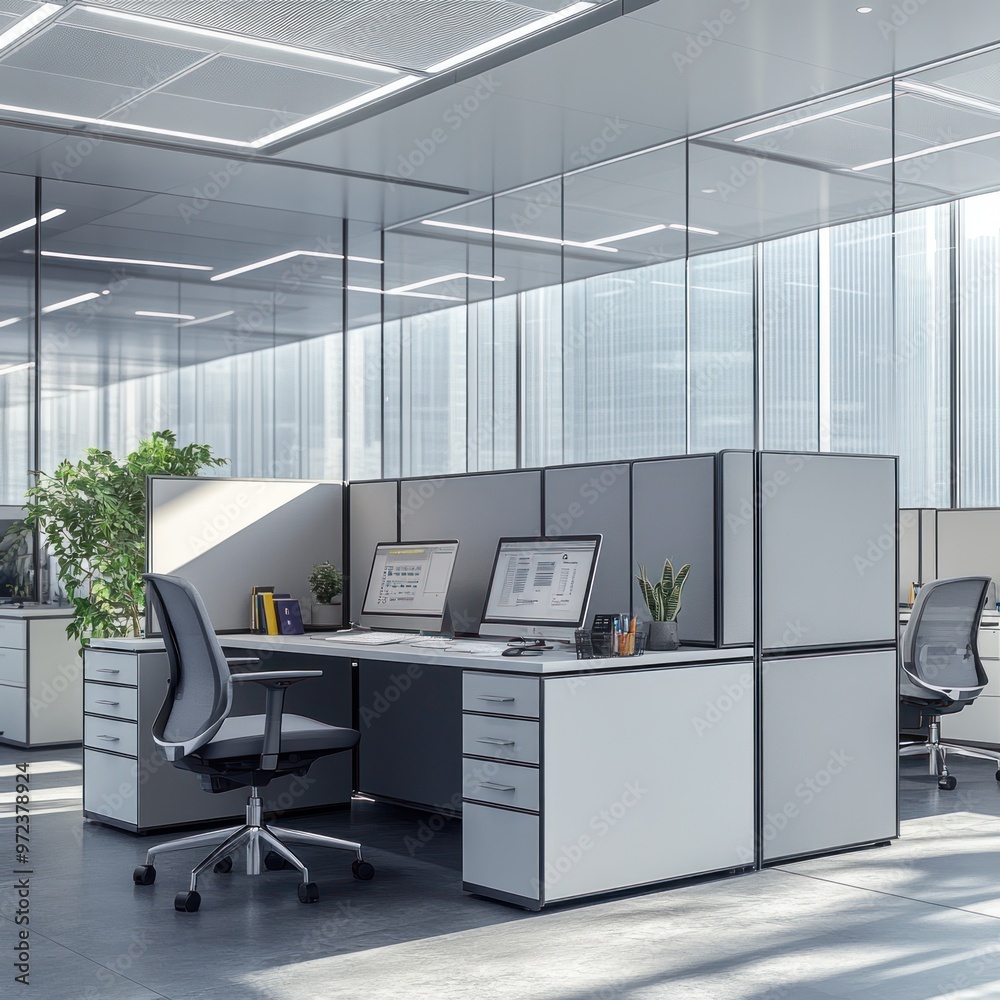 Modern Office Workspace with Glass Walls and a Minimalist Design Modern Office Workspace with Glass Walls and a Minimalist Design