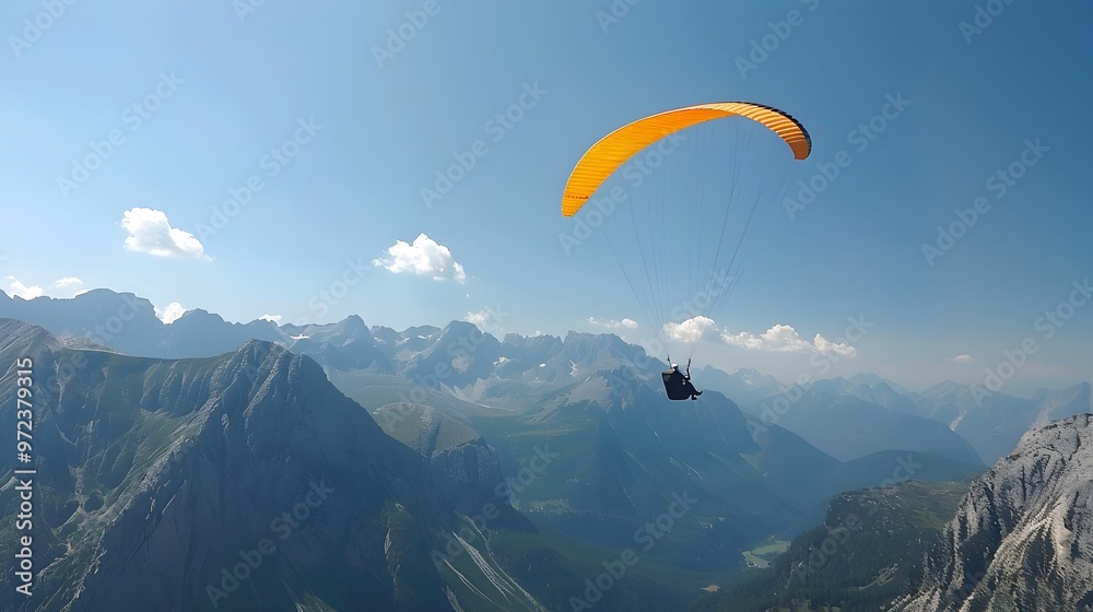 Paraglider Over Mountains: A paraglider gliding smoothly above a range of majestic mountains.
Paraglider Over Mountains: A paraglider gliding smoothly above a range of majestic mountains.