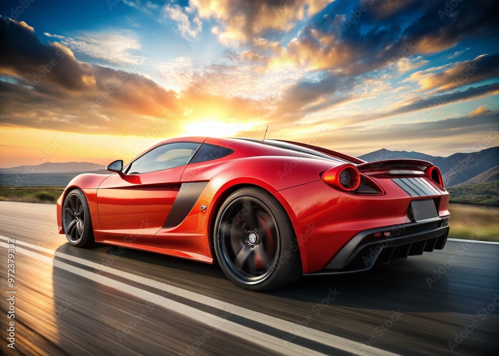 Aggressive rearview of powerful high-performance sports car with bold red paint job, black stripe design, and sleek Aggressive rearview of powerful high-performance sports car with bold red paint job, black stripe design, and sleek
