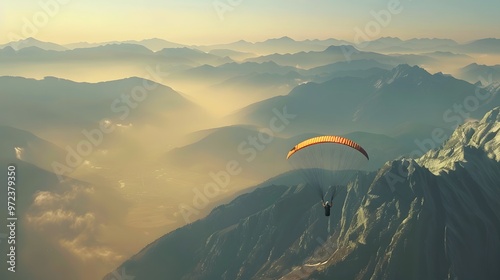 Paraglider Over Mountains: A paraglider gliding smoothly above a range of majestic mountains. 