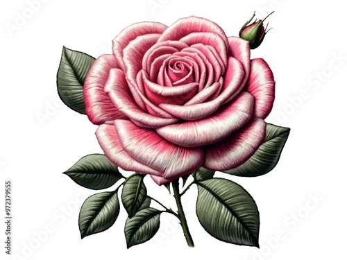 Red rose vector illustration on transparent background. Embroidery rose clipart