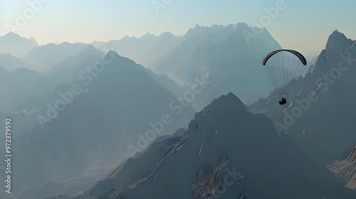 Paraglider Over Mountains: A paraglider gliding smoothly above a range of majestic mountains. 
