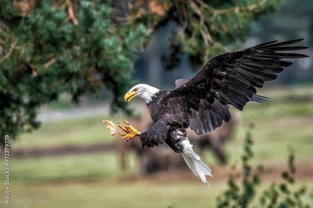 Naklejka premium Bald eagle in flight with wings spread wide