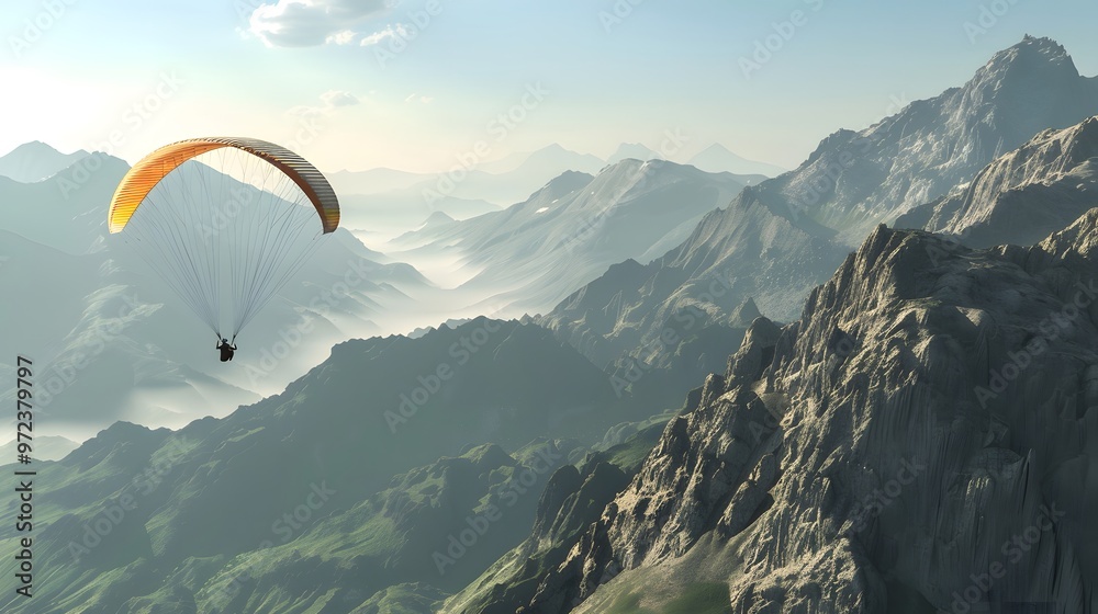 Paraglider Over Mountains: A paraglider gliding smoothly above a range of majestic mountains.
Paraglider Over Mountains: A paraglider gliding smoothly above a range of majestic mountains.