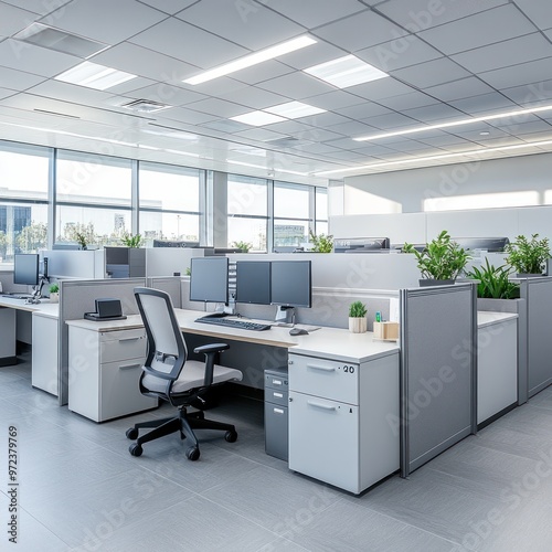 Modern Office Workspace with Desk, Chair, and Computer Monitors