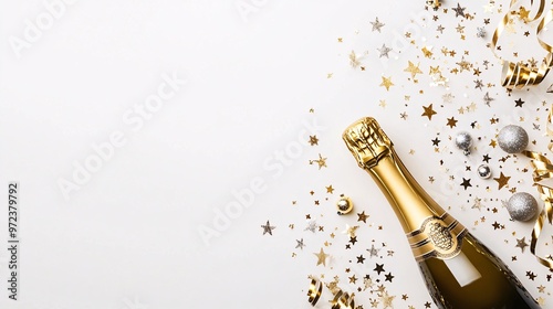 26. Celebration background with golden champagne bottle, confetti stars and party streamers. Christmas, birthday or wedding concept. Flat lay composition featuring a luxurious golden champagne