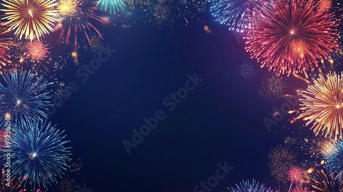 36. Abstract firework background with free space for text. Vibrant display of colorful fireworks bursting in various patterns against a dark sky. The composition allows ample space for text, creating