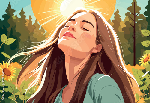 Woman Enjoying Sunlight in a Lush Summer Field