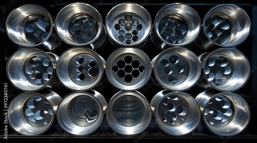 Symmetrical arrangement of stainless steel coils in an industrial warehouse storage facility Symmetrical arrangement of stainless steel coils in an industrial warehouse storage facility