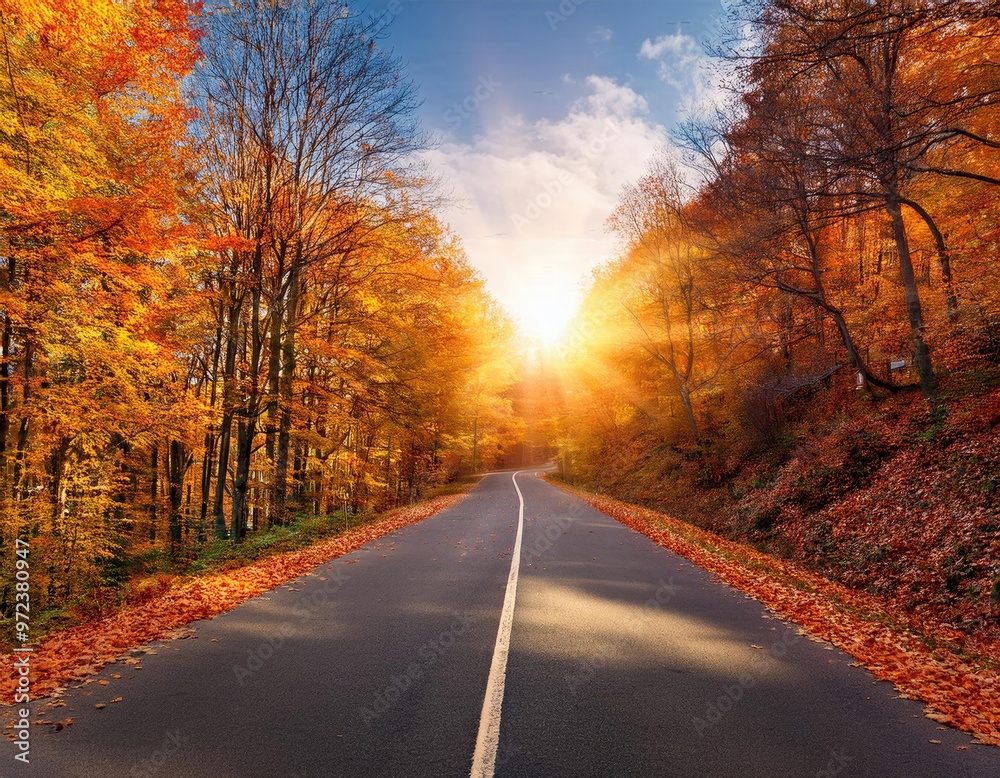 Fototapeta premium Fall background, Autumn Road to Serenity: Golden Sunlight and Fall Foliage