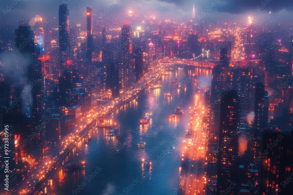 Fototapeta premium A stunning birds-eye view of a vibrant cityscape at twilight