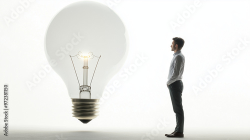 A businessman standing beside a giant light bulb, representing innovative business ideas, isolated on a white background