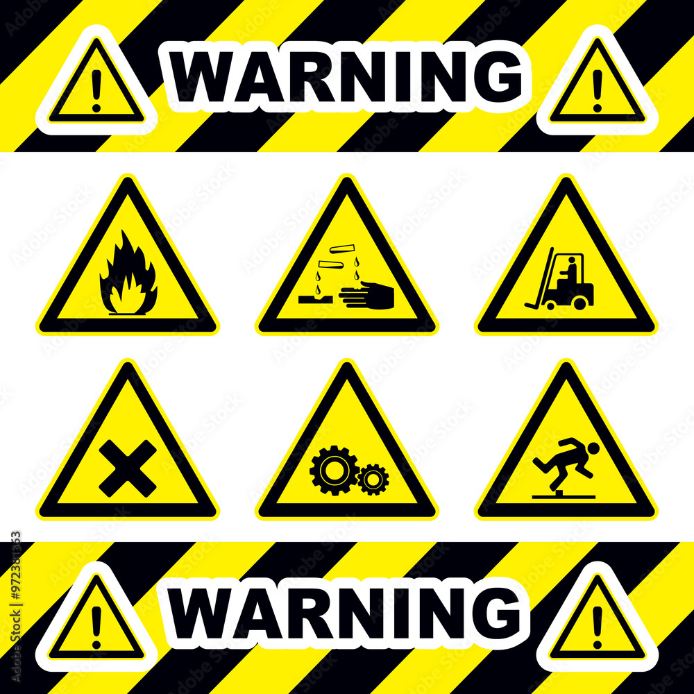 Set of triangle yellow warning sign. Vector, illustration. symbols triangular warning hazard. Big yellow set. FLAMMABLE MATERIALS, FORK LIFT Set of triangle yellow warning sign. Vector, illustration. symbols triangular warning hazard. Big yellow set. FLAMMABLE MATERIALS, FORK LIFT