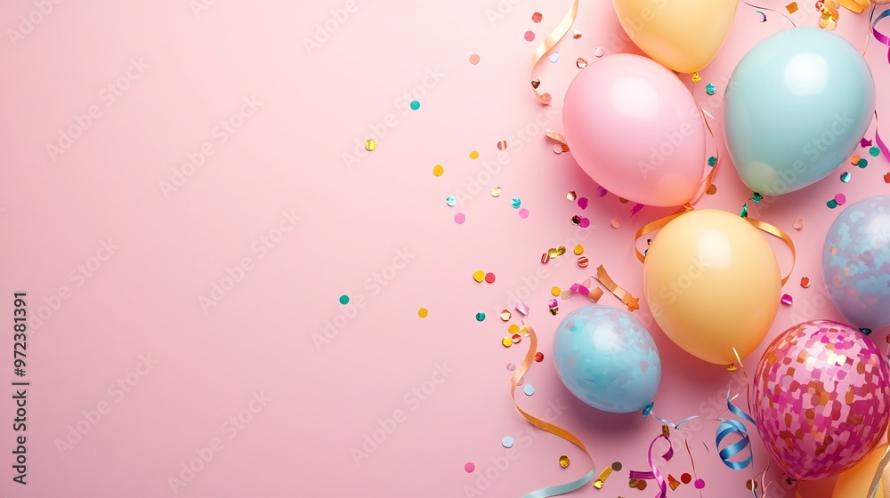 48. Playful and festive birthday background with a variety of colored balloons, shimmering confetti, candles, and ribbons on a pastel pink surface. Ample copy space for personalized messages or event 48. Playful and festive birthday background with a variety of colored balloons, shimmering confetti, candles, and ribbons on a pastel pink surface. Ample copy space for personalized messages or event
