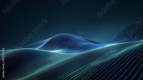 Abstract digital landscape with flowing shapes and illuminated lines, creating a serene and futuristic atmosphere. Product presentation background.