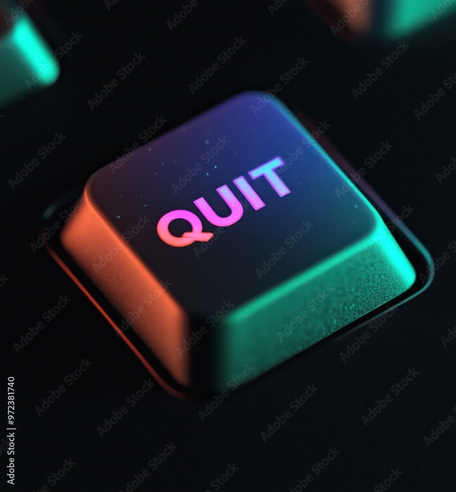 3D Render Closeup of Neon 'Quit' Button – Concept of Giving Up, Exiting, Escaping – Abstract Concept on Black Background 3D Render Closeup of Neon 'Quit' Button – Concept of Giving Up, Exiting, Escaping – Abstract Concept on Black Background