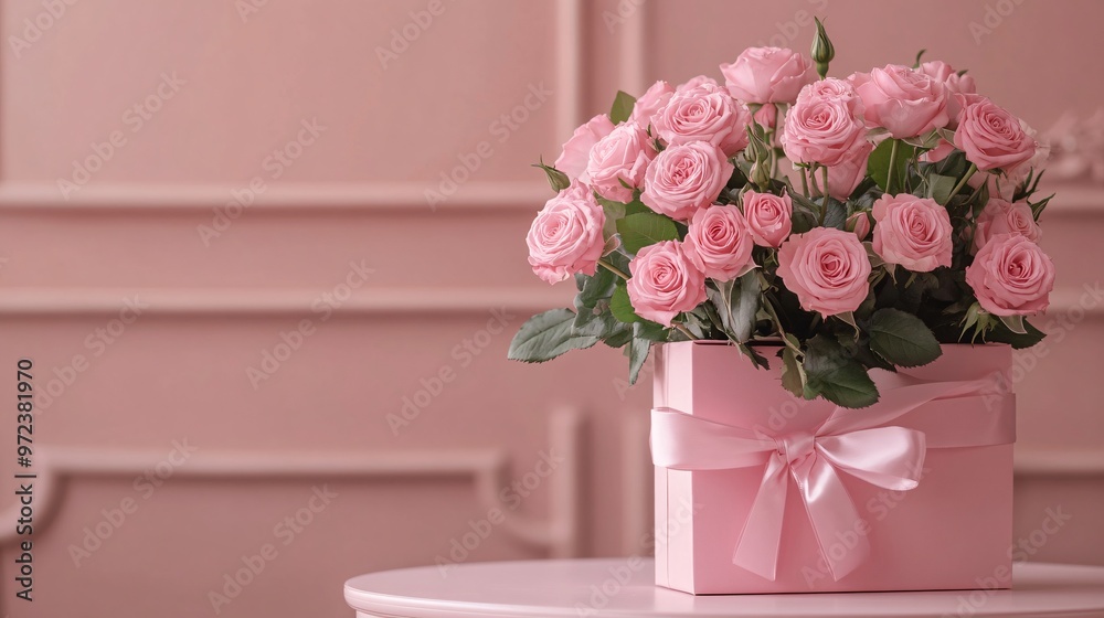 Fototapeta premium 55. Beautiful front view of a pastel pink table featuring a gift box, a vase of pink roses, and a satin bow. The arrangement exudes elegance and is suitable for birthdays, weddings, Mothers Day,