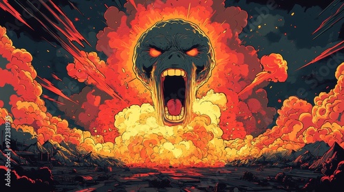 Giant screaming head emerging from nuclear explosion photo