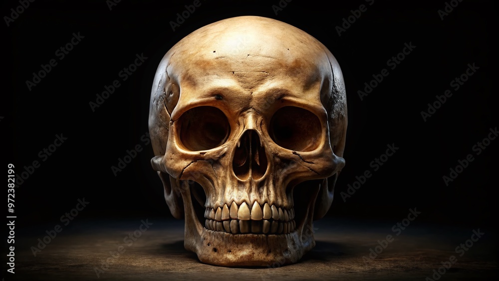 A hauntingly elegant human skull rests isolated on a black background, its intricate bone structure and hollow eyes A hauntingly elegant human skull rests isolated on a black background, its intricate bone structure and hollow eyes