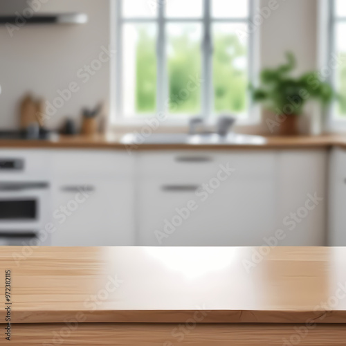 kitchen table background, wood counter top on blur of white clean abstract home interior with bokeh. used for display or montage your wooden for dining background. table banner