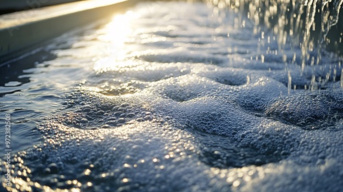 61. Wastewater Treatment Facility, Aeration tanks with bubbling water and sunlight reflecting on the surface. A detailed view of aeration tanks at a wastewater treatment facility, with bubbles rising