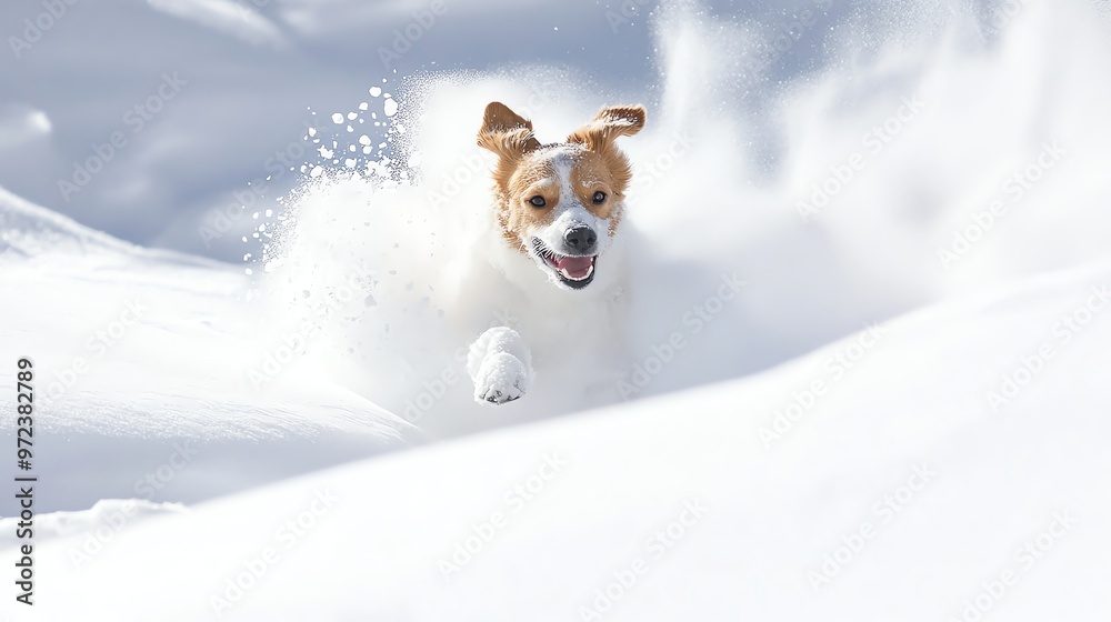 A happy dog runs through a snowy landscape, tongue out and tail wagging. The dog is a blur of motion, leaving a trail of snow in its wake. A happy dog runs through a snowy landscape, tongue out and tail wagging. The dog is a blur of motion, leaving a trail of snow in its wake.
