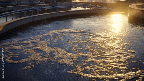 Wallpaper Mural 64. Detailed image of a wastewater treatment facility with aeration tanks, capturing the bubbling water and sunlight reflections, showcasing the facility operations Torontodigital.ca