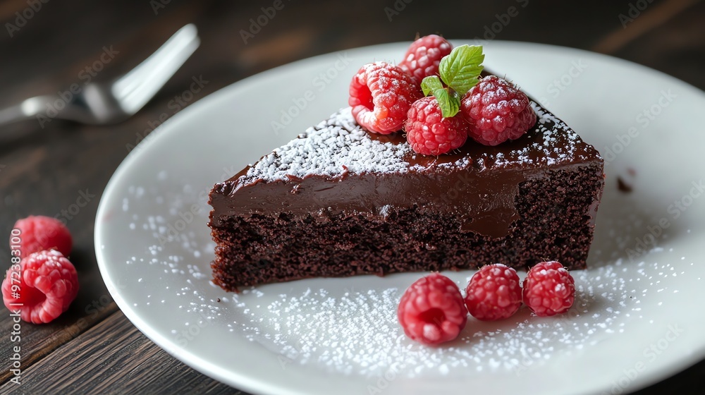 A delicious slice of chocolate cake with raspberries and powdered sugar on top. The cake is sitting on a white plate and looks very tempting. A delicious slice of chocolate cake with raspberries and powdered sugar on top. The cake is sitting on a white plate and looks very tempting.