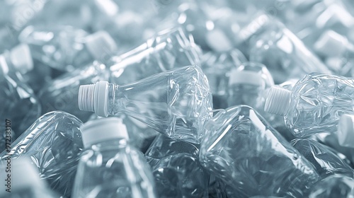 68. Pile of empty plastic PET bottles, clean and transparent, arranged in a haphazard jumble. The image focuses on the textures and forms of the bottles, suitable for recycling themes