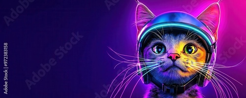 Quirky cyberpunk cat with neon whiskers, wearing a futuristic helmet, glowing background, vivid purples, and blues