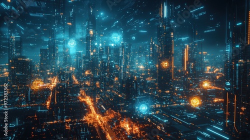 AI urban planning, futuristic cityscape, digital networks, advanced technology