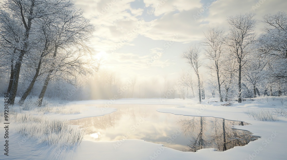 A serene winter landscape with snow-covered trees and a frozen lake. The sun shines through the clouds, casting a warm glow on the scene. A serene winter landscape with snow-covered trees and a frozen lake. The sun shines through the clouds, casting a warm glow on the scene.