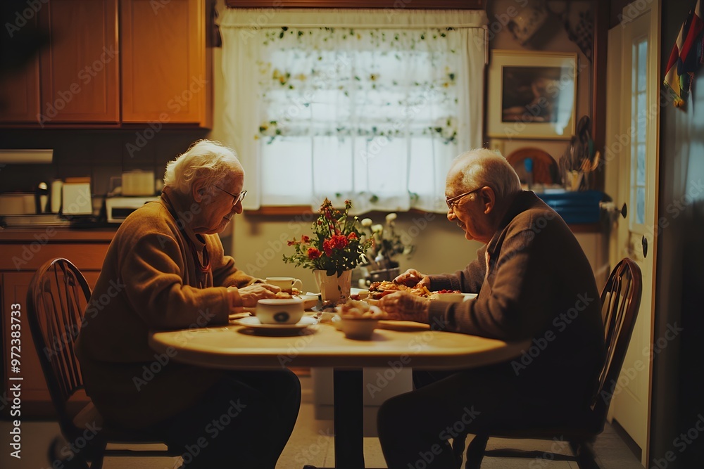 Two elderly people are sitting at a table in a kitchen