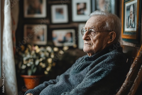 An elderly man sits in a chair with a potted plant in front of him