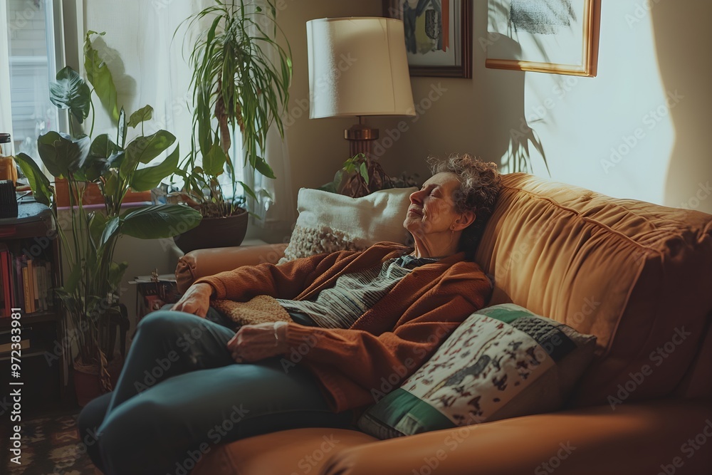 Obraz premium A woman is laying on a couch with a book in her lap